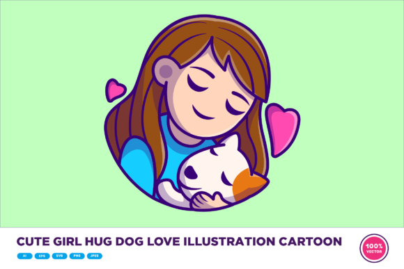 Cute Girl Hug Dog Love Illustration